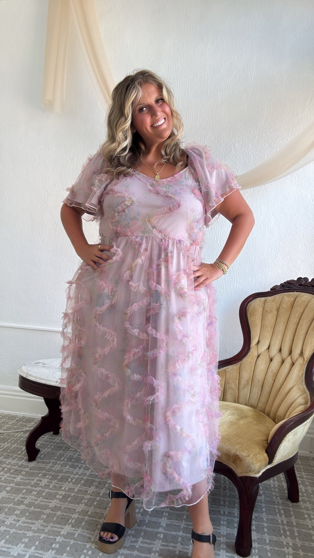 floral tulle maxi dress Karen Millen Floral Tulle Balloon Sleeve Plunge Woven Maxi Dress in Purple