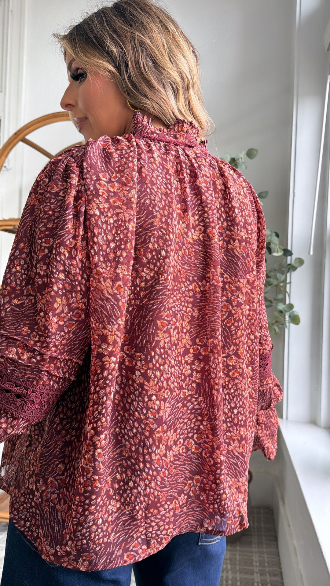 Evelora Floral Printed Blouse, Deep Burgundy