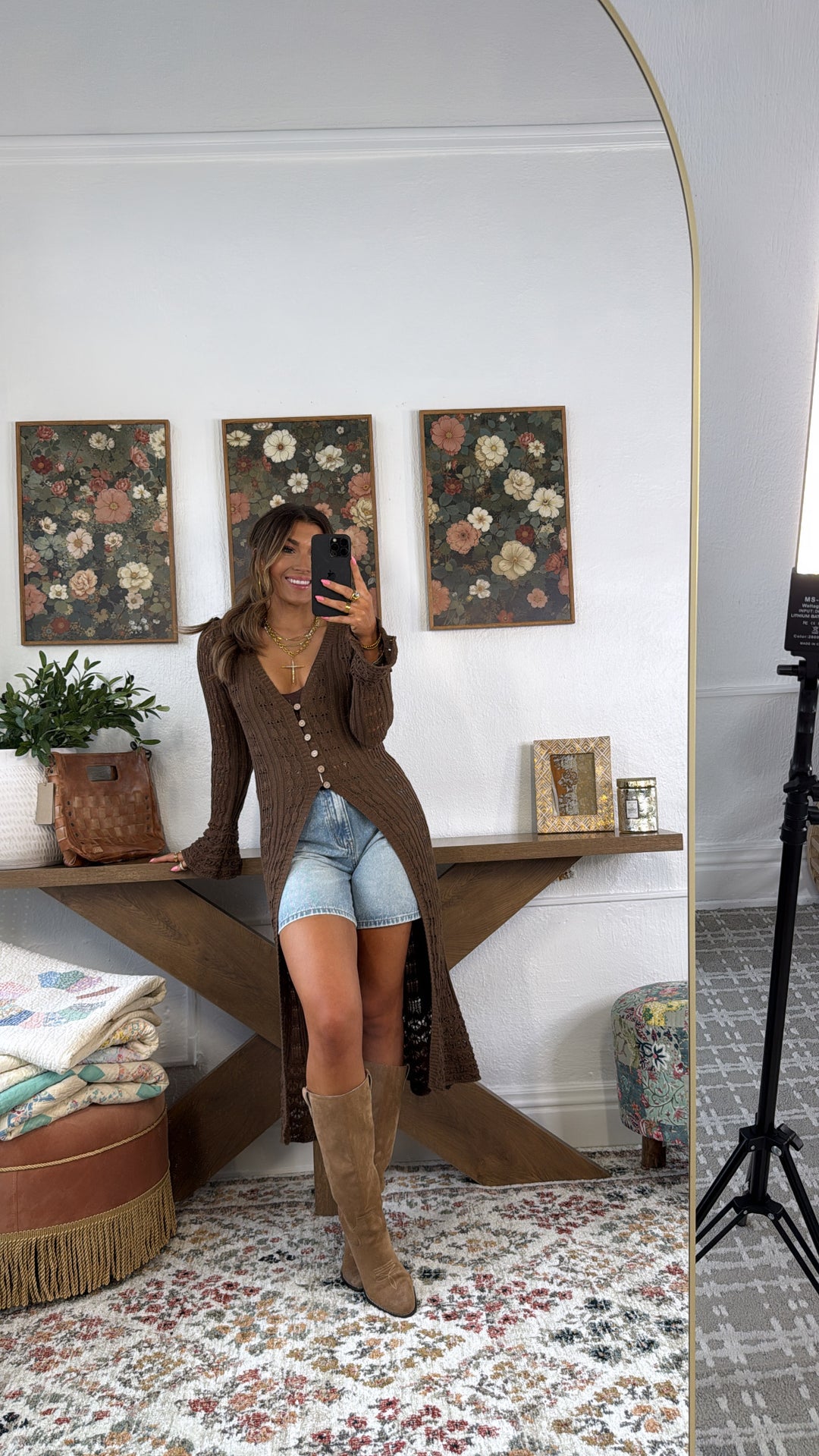 Rustic Rose Knit Long Cardigan, Mocha