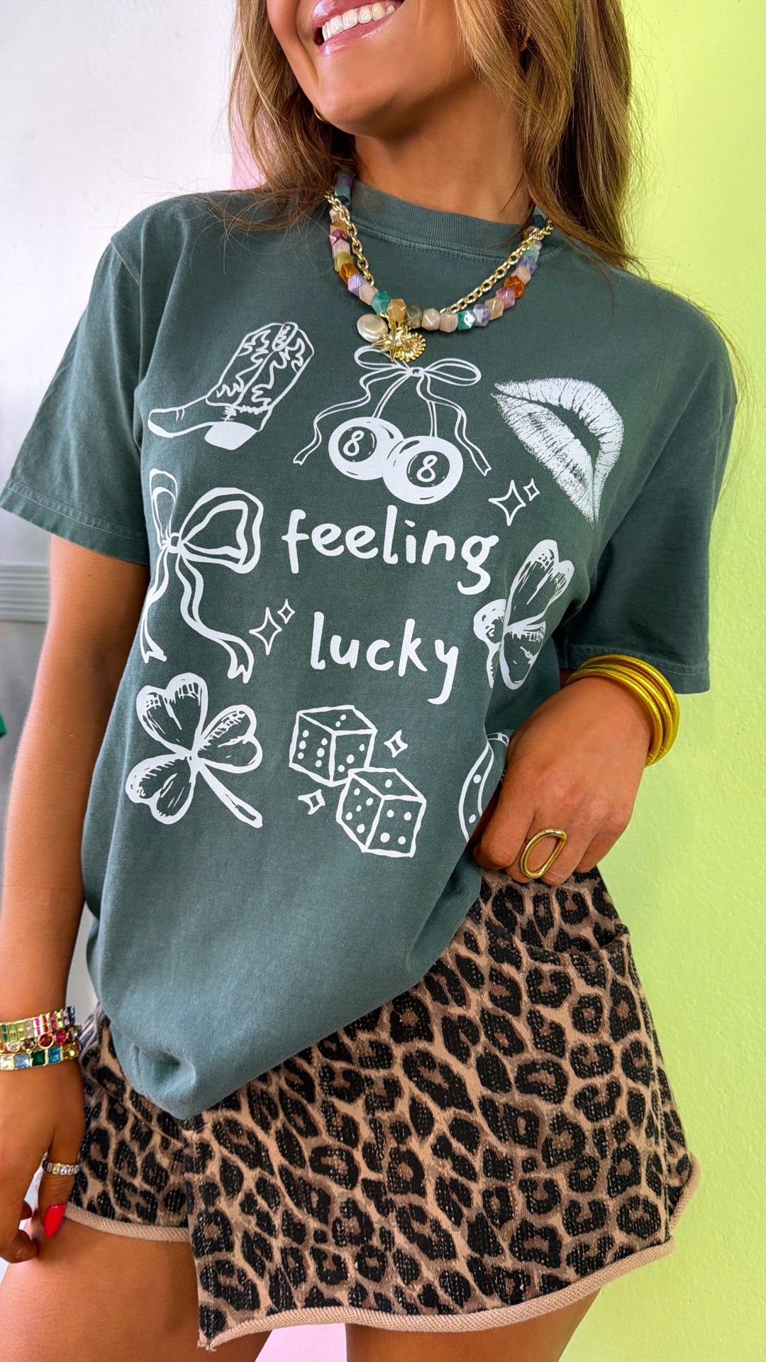 Feeling Lucky Patchwork Graphic Tee, Washed Green
