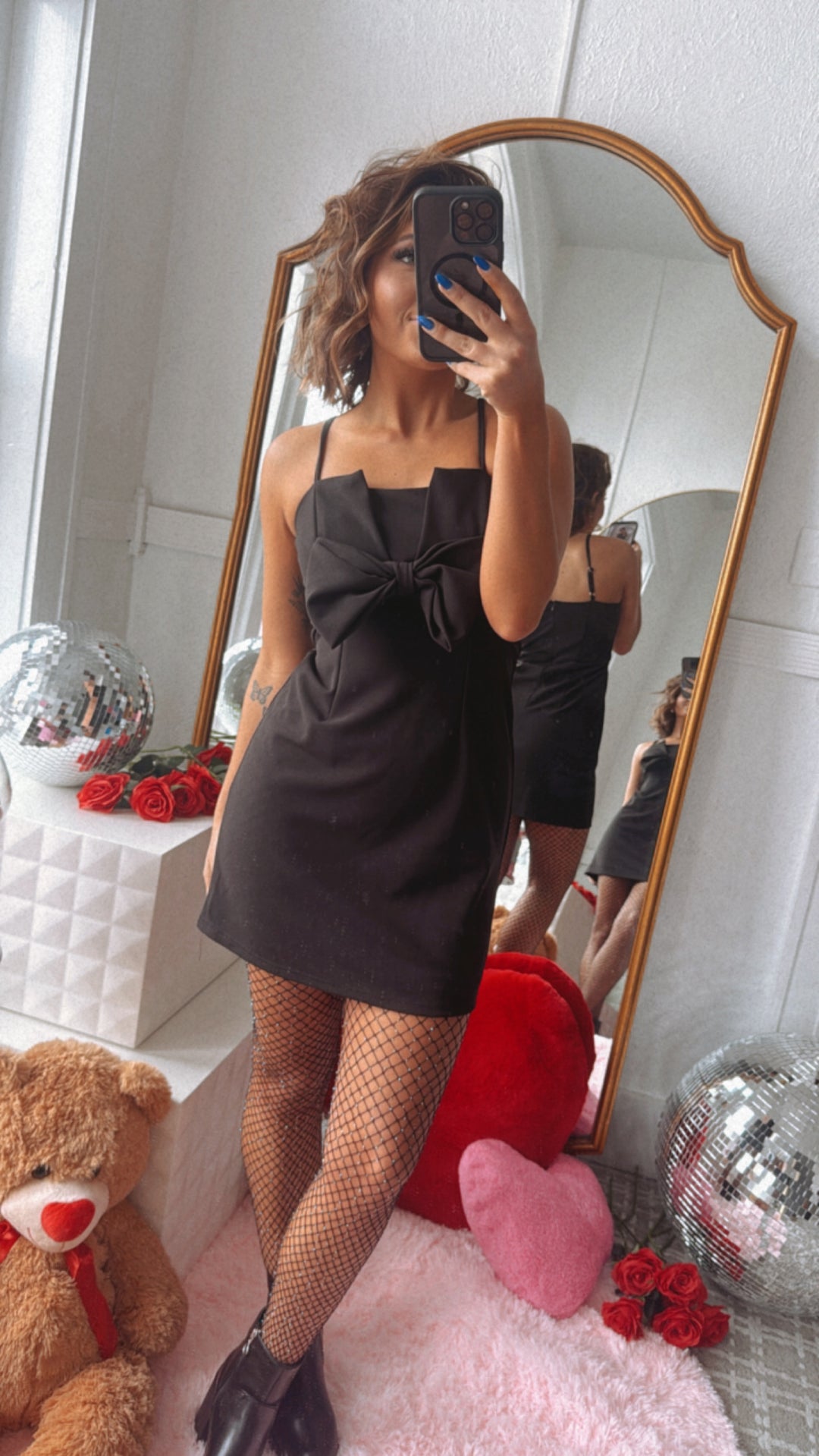 black short dress with bow Jeanie Bow Shoulder Mini Dress Black