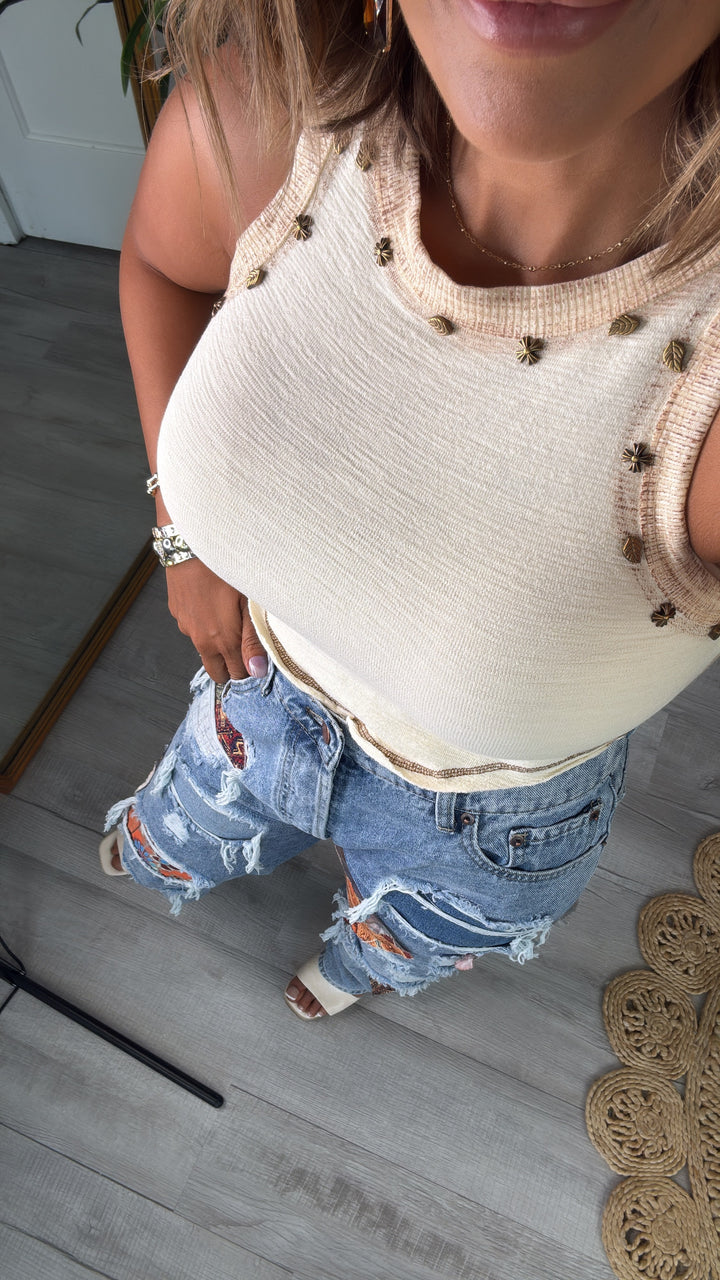 Simple Wear Basic Studded Detail Tank, Cream