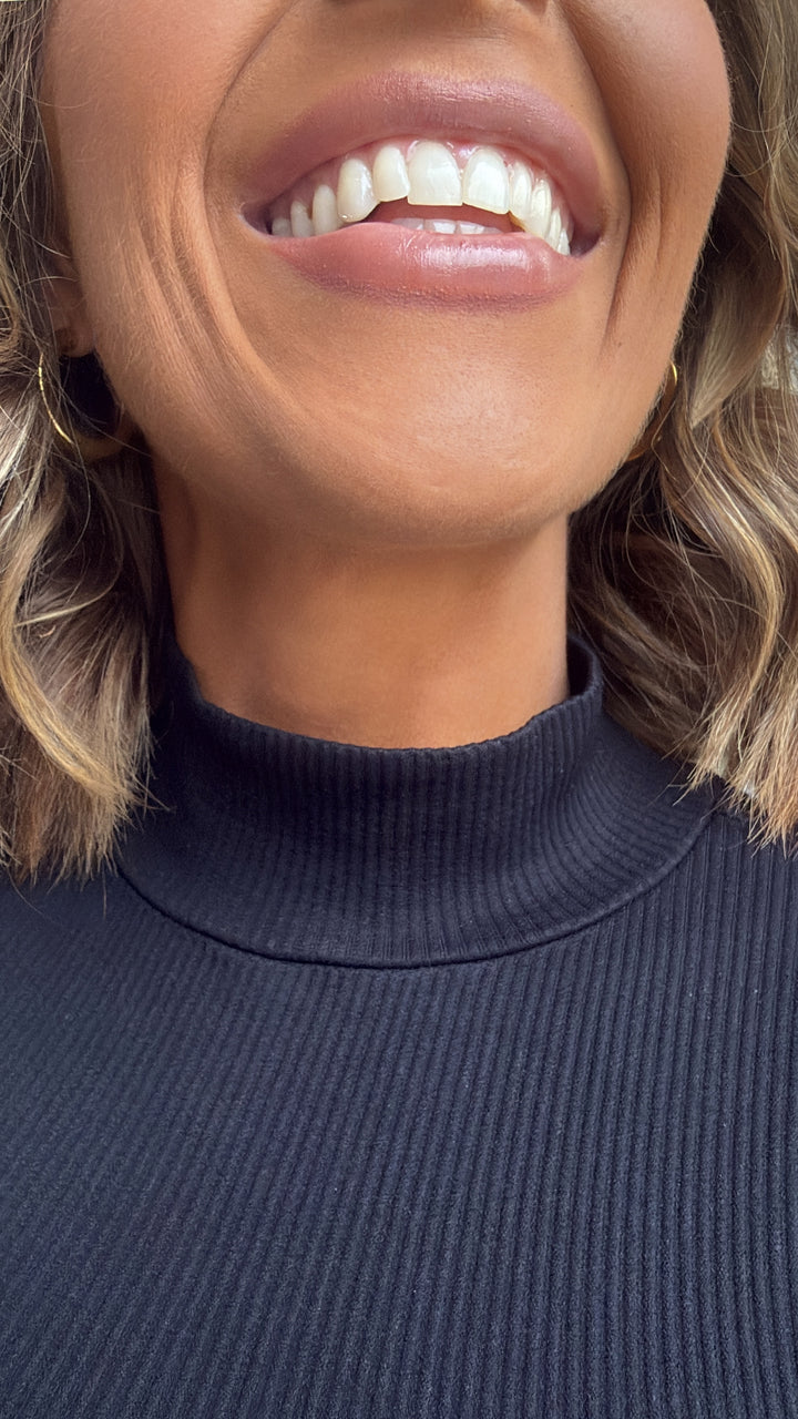 Mock Neck Ribbed Long Sleeve Top, Black