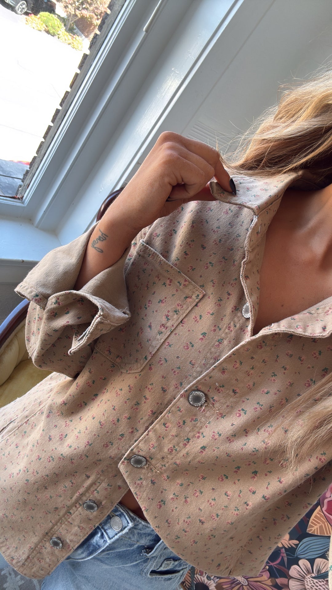 Pretty Petals Floral Print Denim Jacket, Mocha