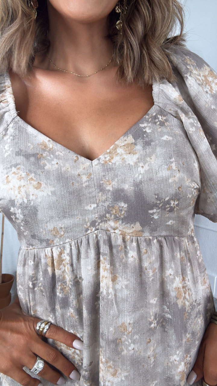 Granite Hues Whimsical Bubble Sleeve Maxi Dress, Taupe