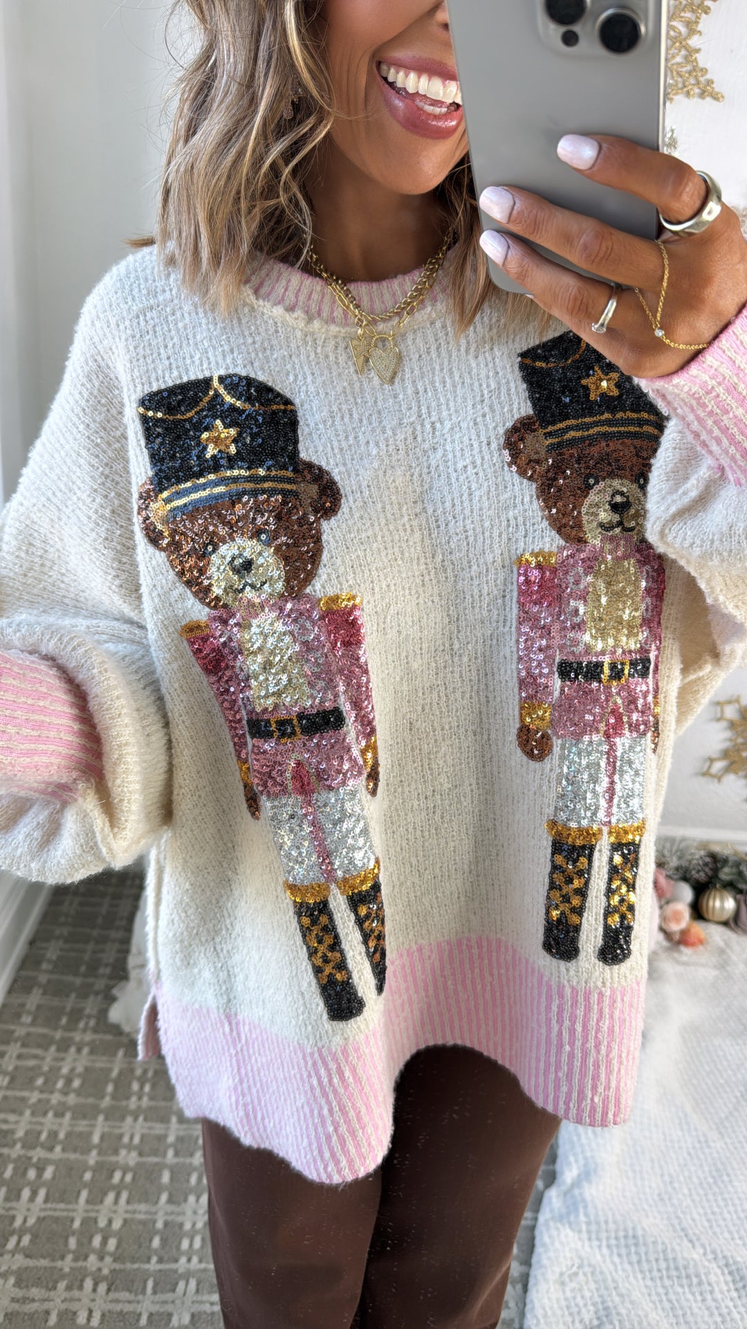 Bear Nutcracker Sweater Top, Ivory