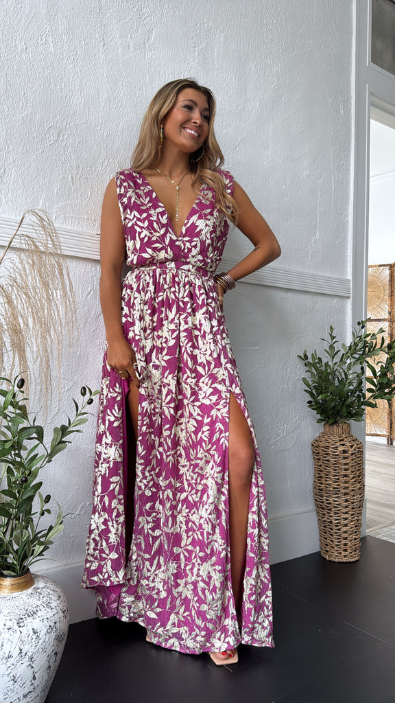 walk the line maxi dress magenta Rosaline Plunge Maxi Dress, Magenta/Gold Small