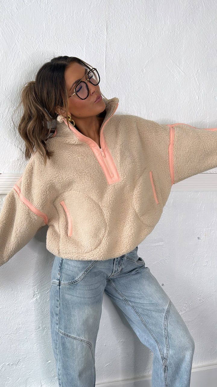 The Summit Quarter Zip Sherpa, Taupe/Coral
