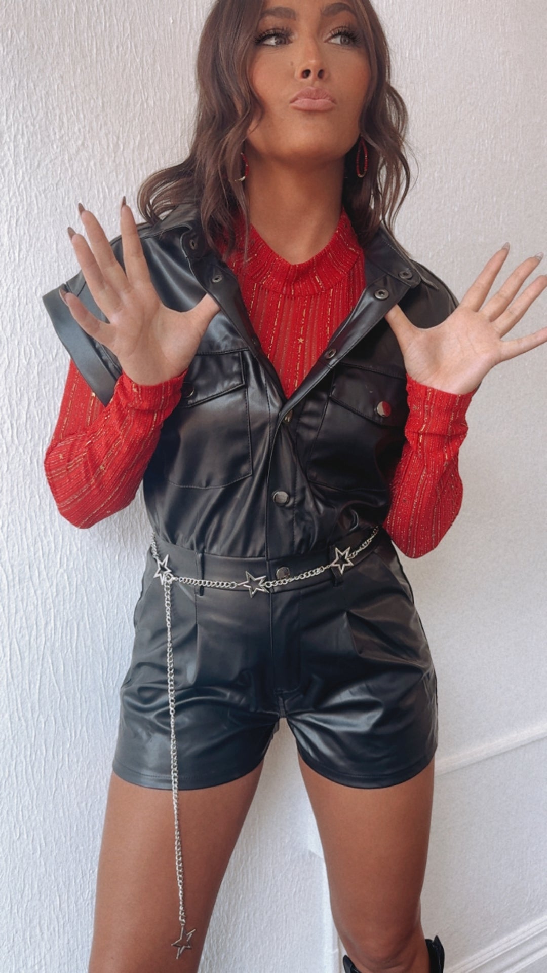 Vegan Leather Black Leather Romper Shorts Short Sleeve Faux