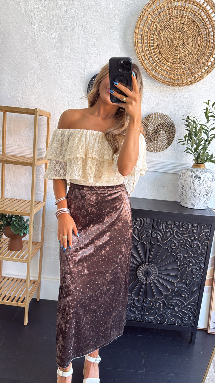 Toasted Fig Velvet Midi Skirt, Brown