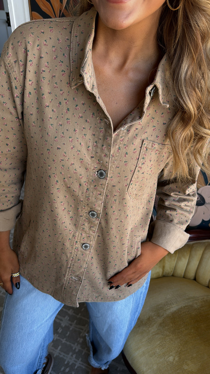 Pretty Petals Floral Print Denim Jacket, Mocha