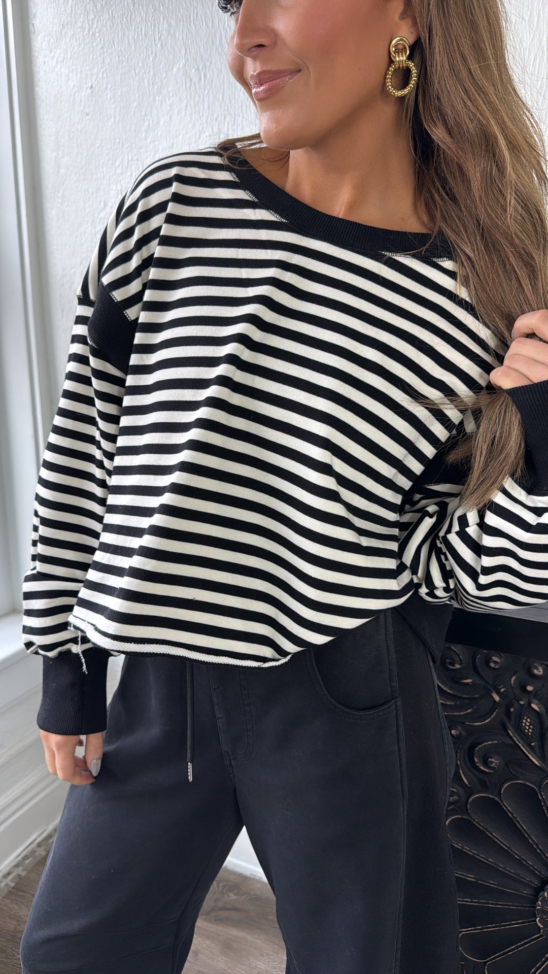 All About Balance Striped Top, Black/Ivory