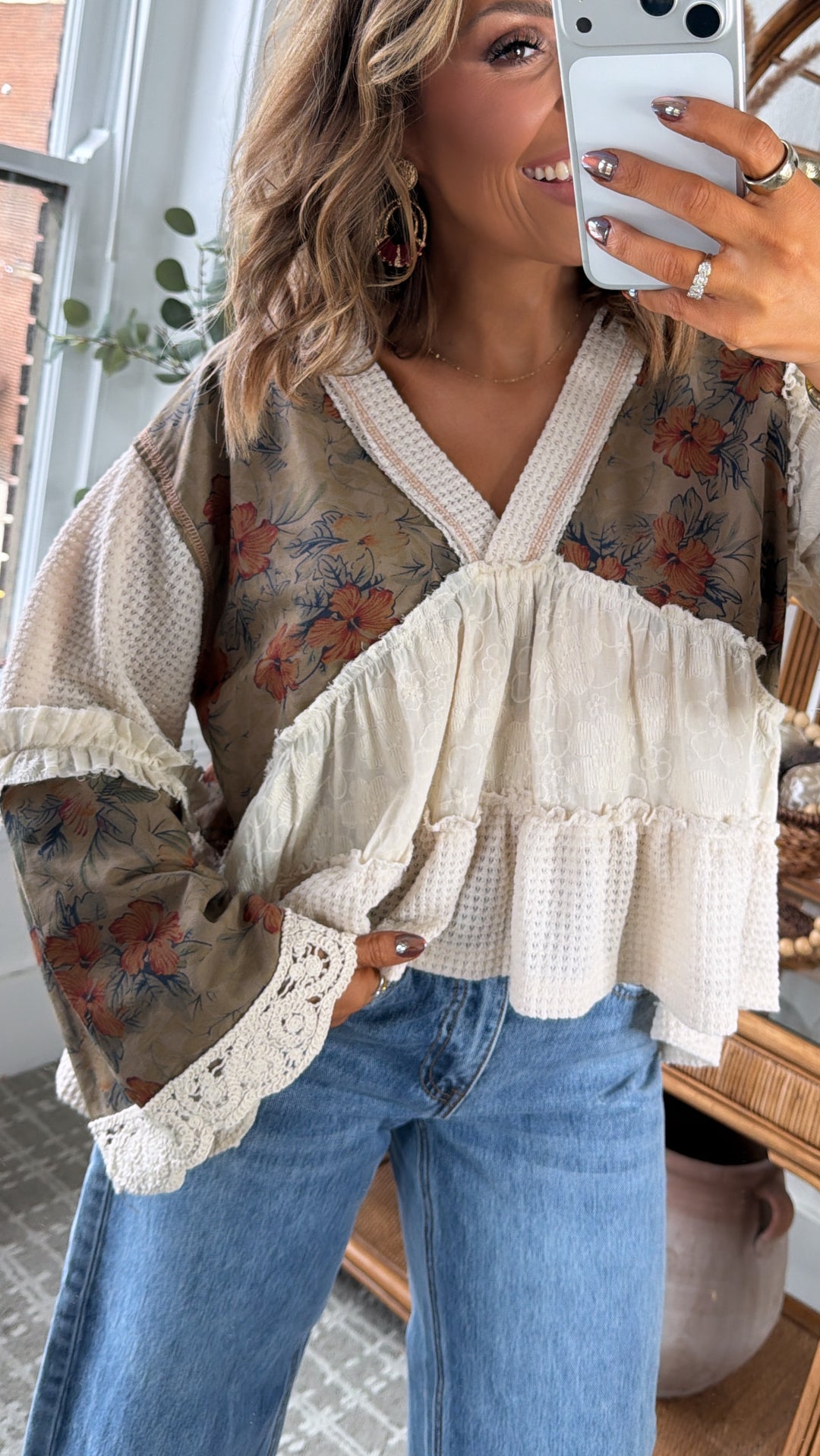 Hibiscus Blooms Patchwork Top, Cream Multi