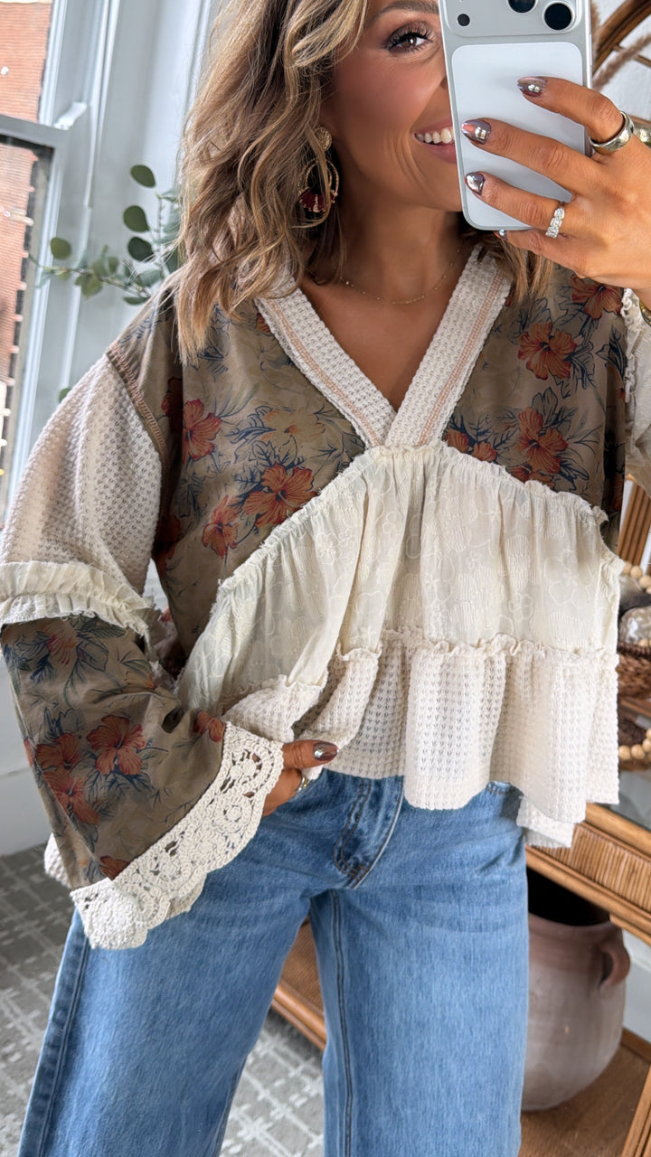 Hibiscus Blooms Patchwork Top, Cream Multi