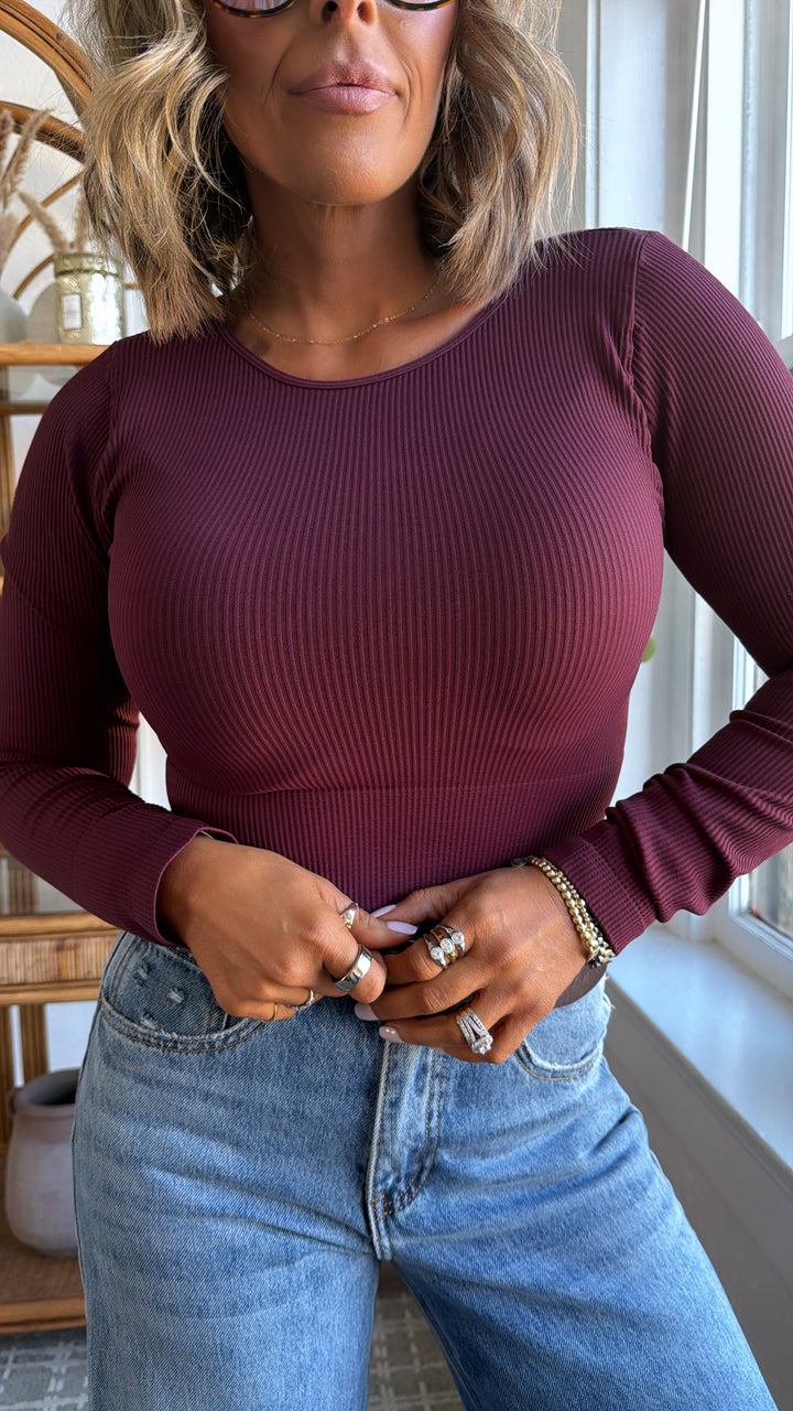 Ribbed Long Sleeve Crew Neck Top, Maroon