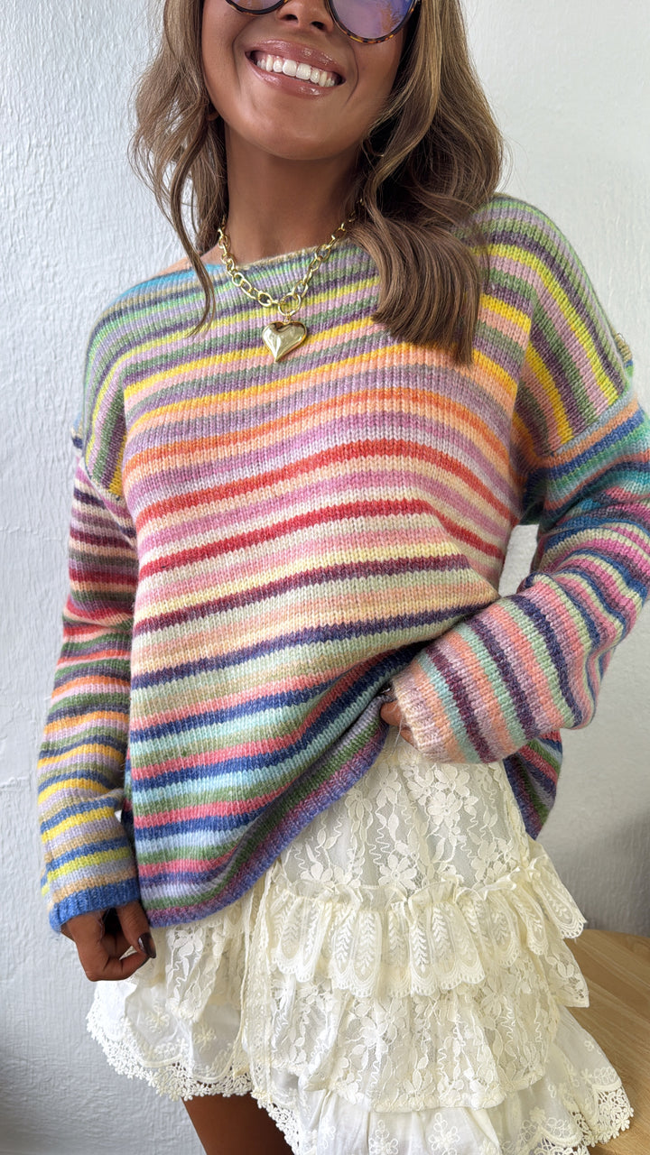 Painted Knit Striped Sweater, Purple/Sky