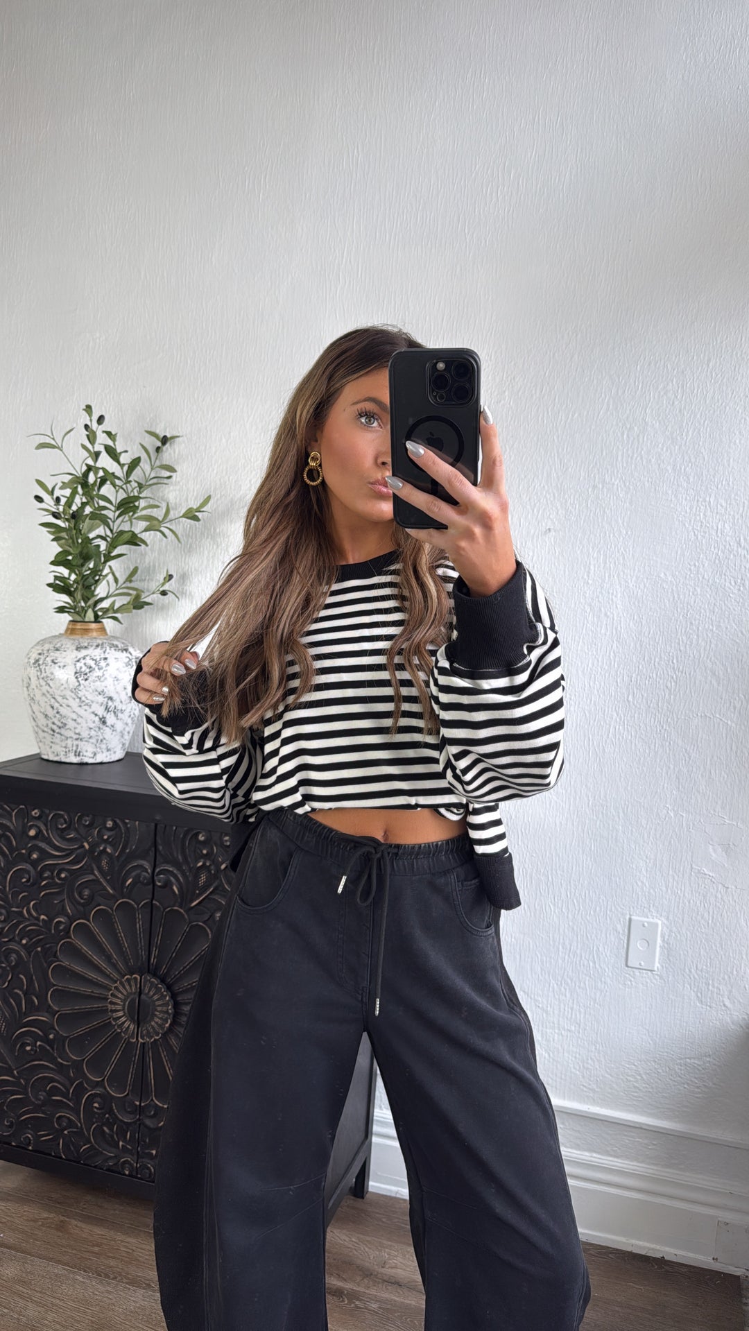 All About Balance Striped Top, Black/Ivory