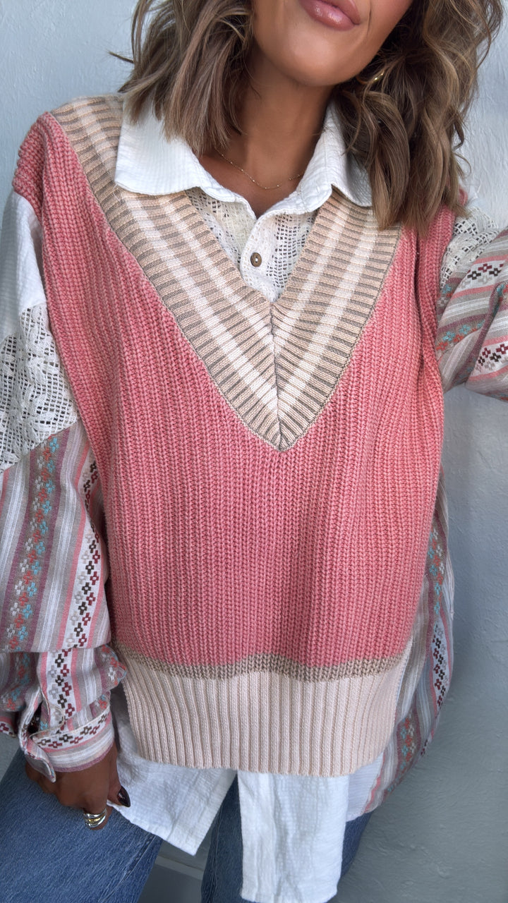 Willa Layered Vest Top, Taupe/Pink