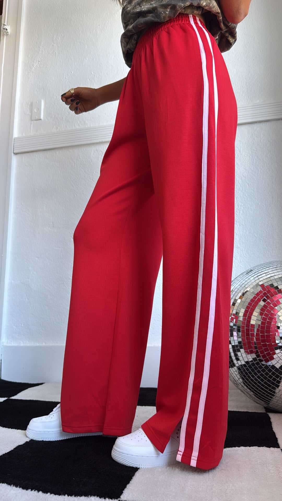 On Edge Stripe Wide Leg Track Sweatpants, Red