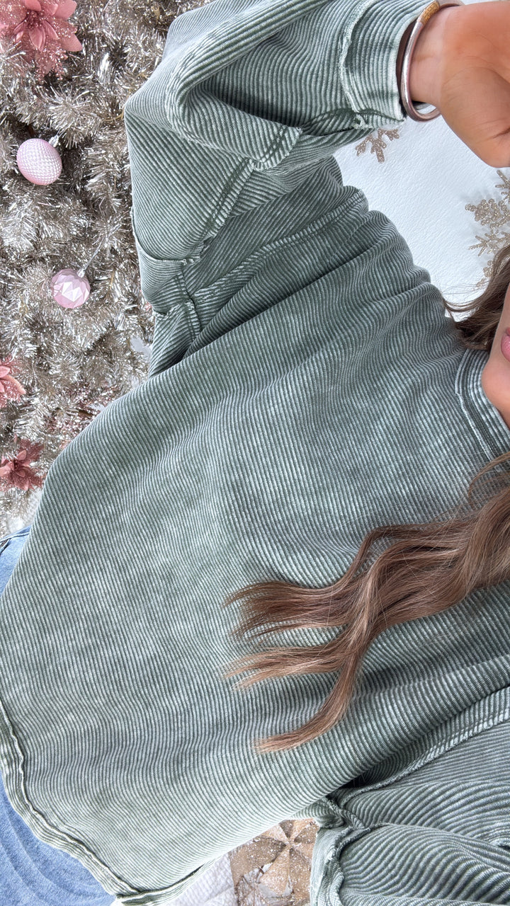DOORBUSTER: Acid Washed Ribbed Cropped Pullover, DK Olive