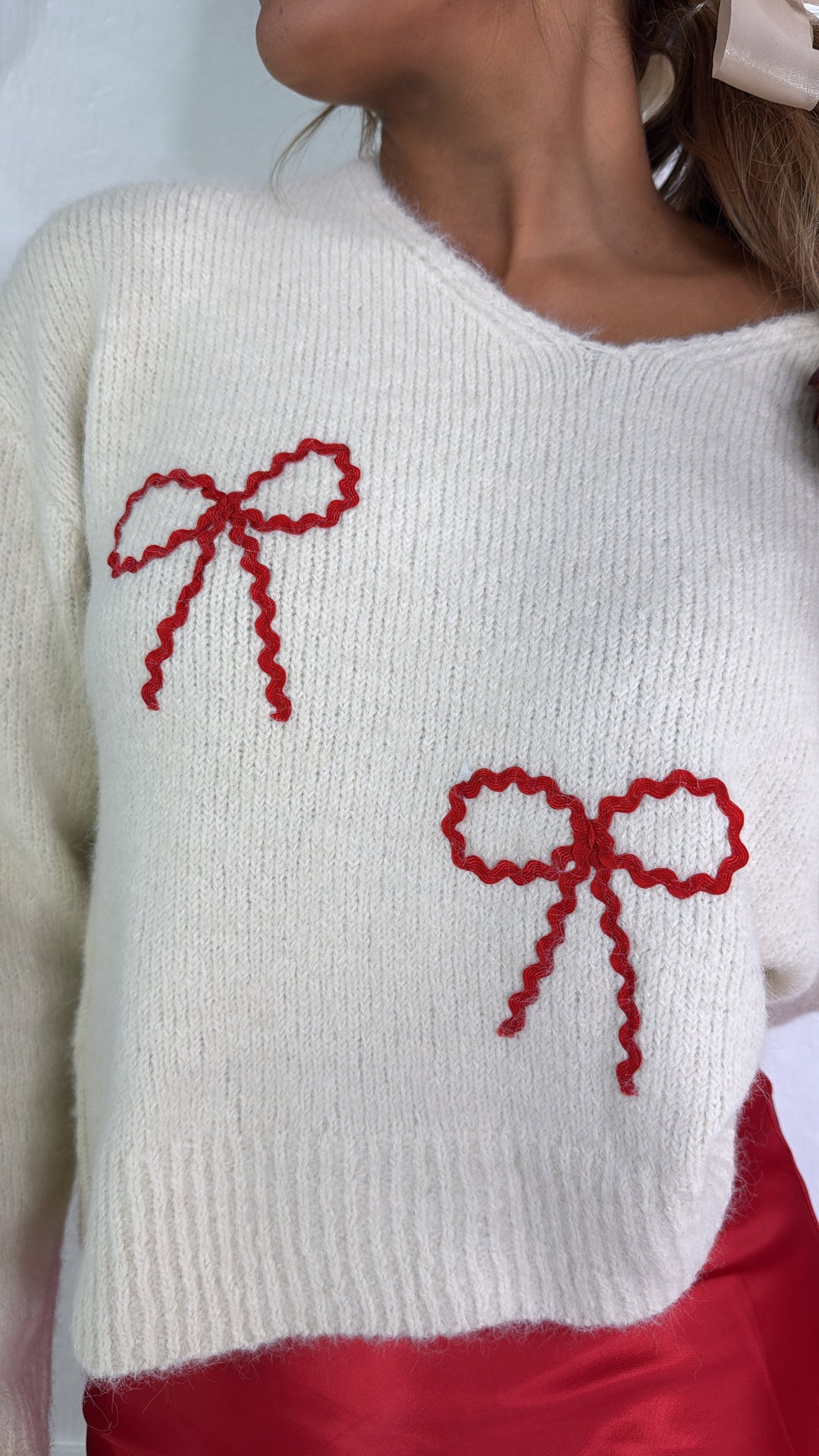 Velvet Ribbon Knit Sweater, Red/Cream
