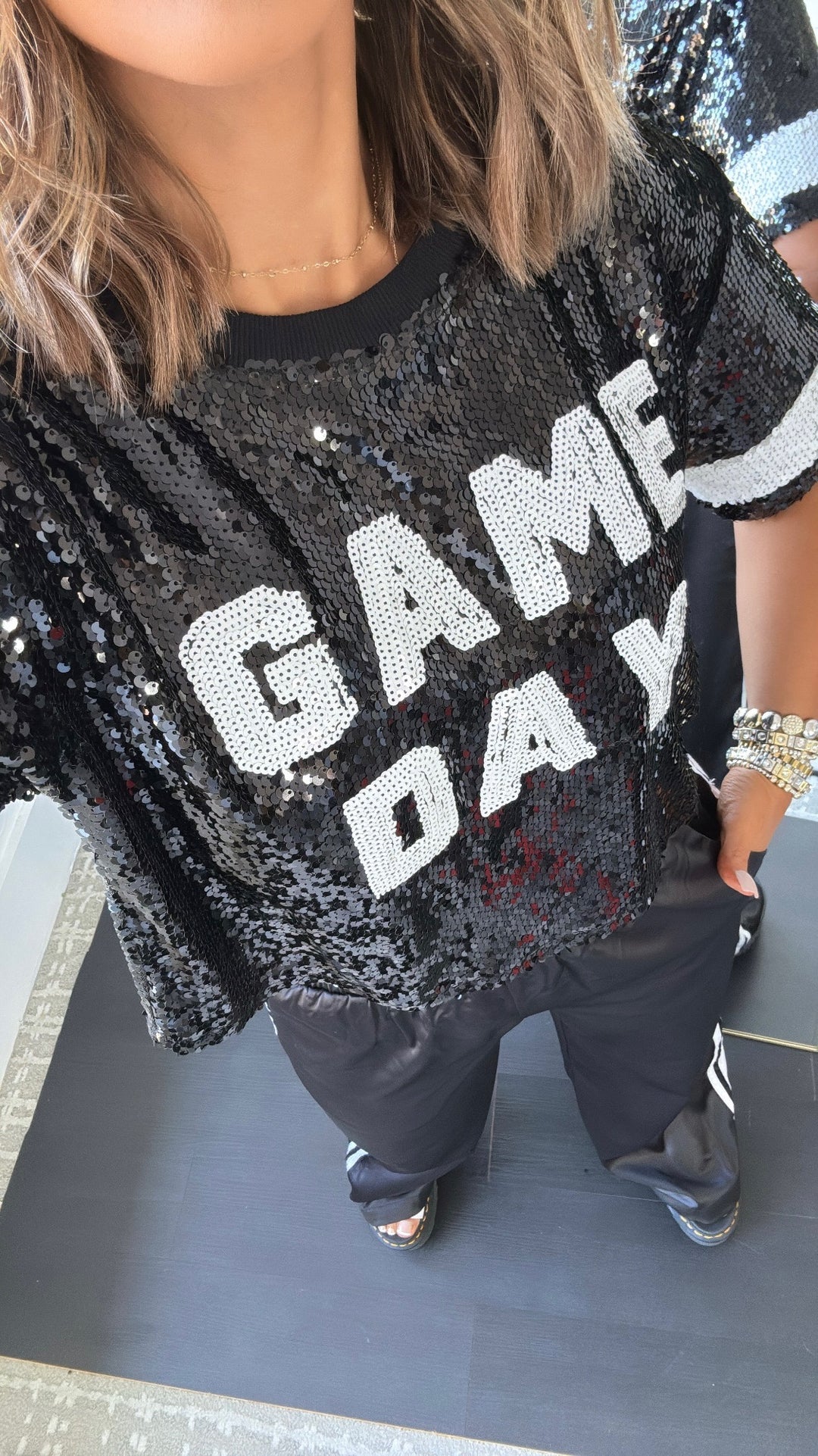 Game Day Sequins Cropped Tee, Black
