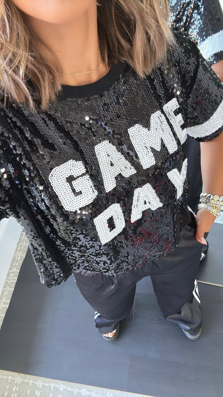 Game Day Sequins Cropped Tee, Black