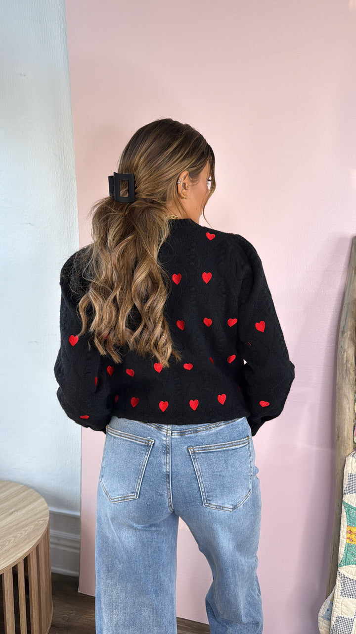 XOXO Heart Embroidered Pom Detailed Sweater, Black/Red
