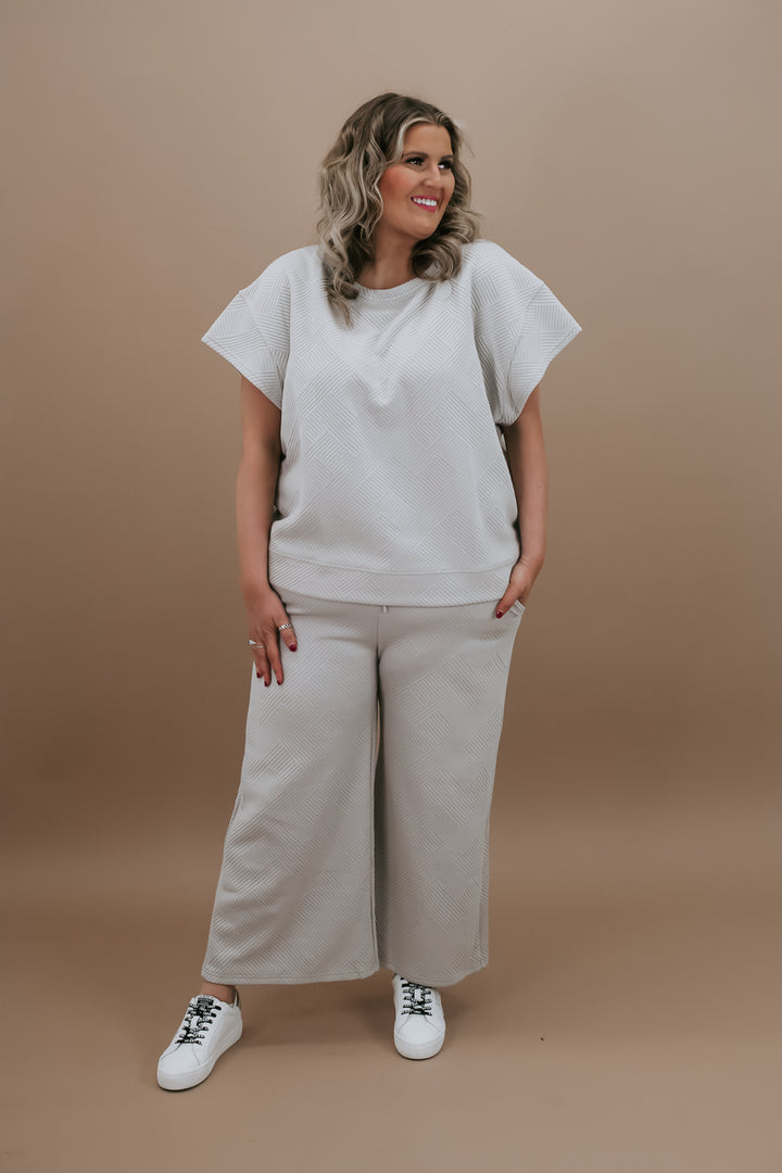 Two Piece Textured Wide Leg Pant Set, Oatmeal