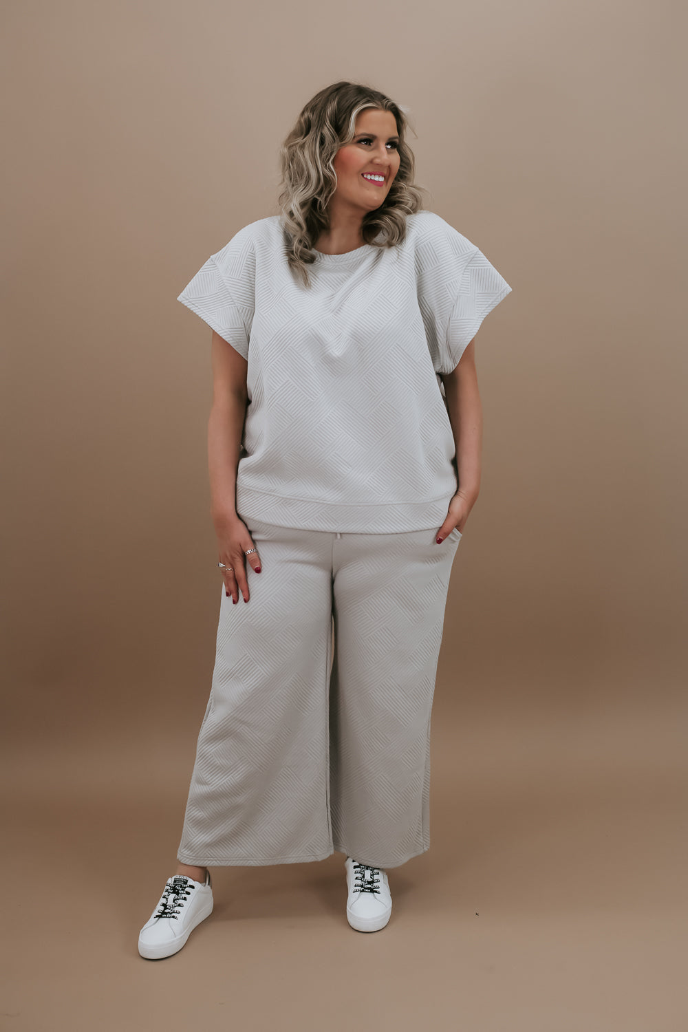 Quilted Textured Short Sleeve Top and Wide Leg Pants Set