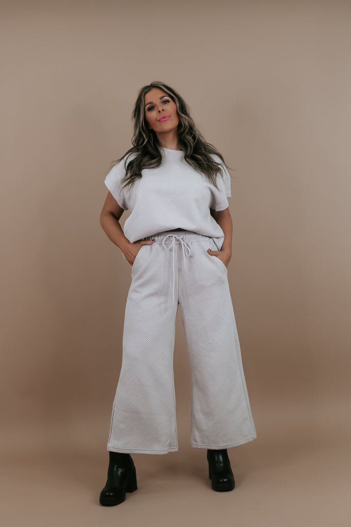Two Piece Textured Wide Leg Pant Set, Oatmeal