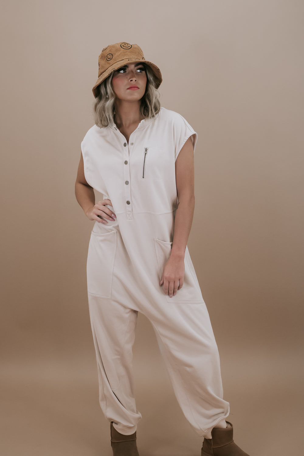 Sleveless Button Up French Terry Jumpsuit, Taupe