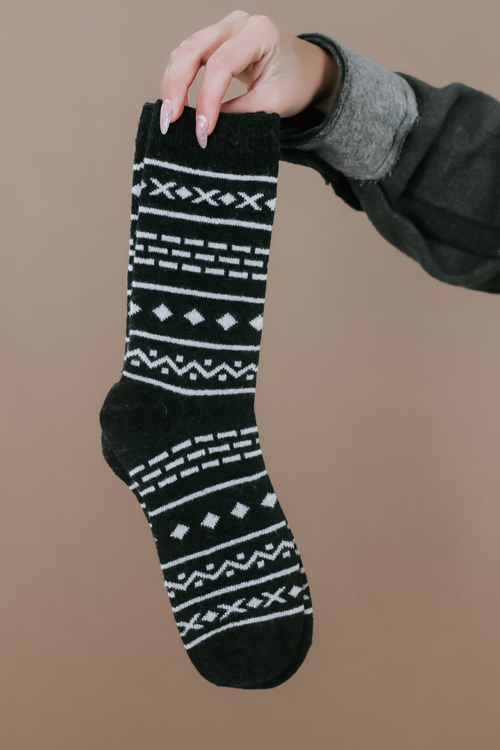 Aztec Wool Blend Crew Socks, Charcoal