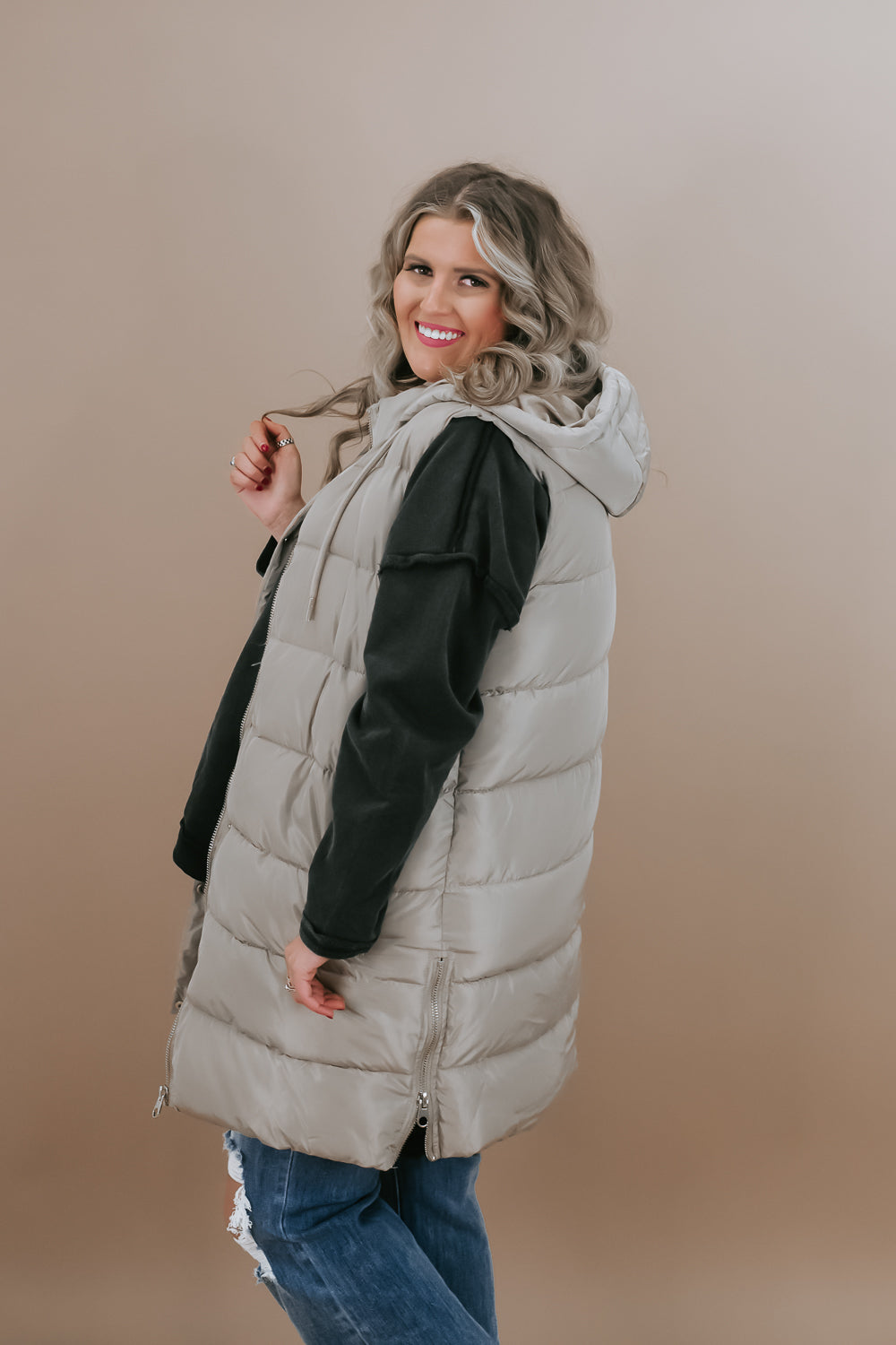 Long Hooded Puffer Vest, Taupe