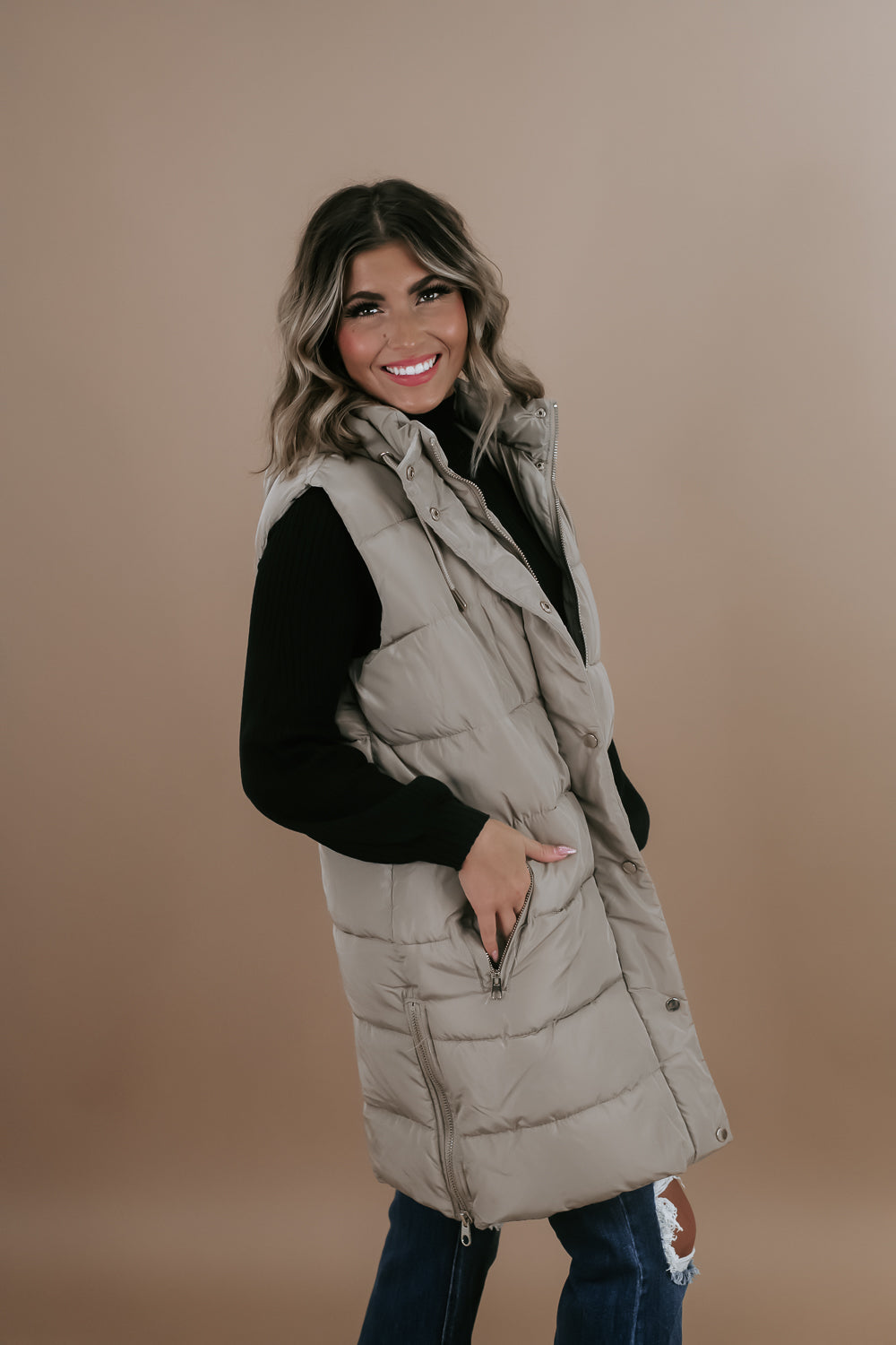 Long Hooded Puffer Vest, Taupe