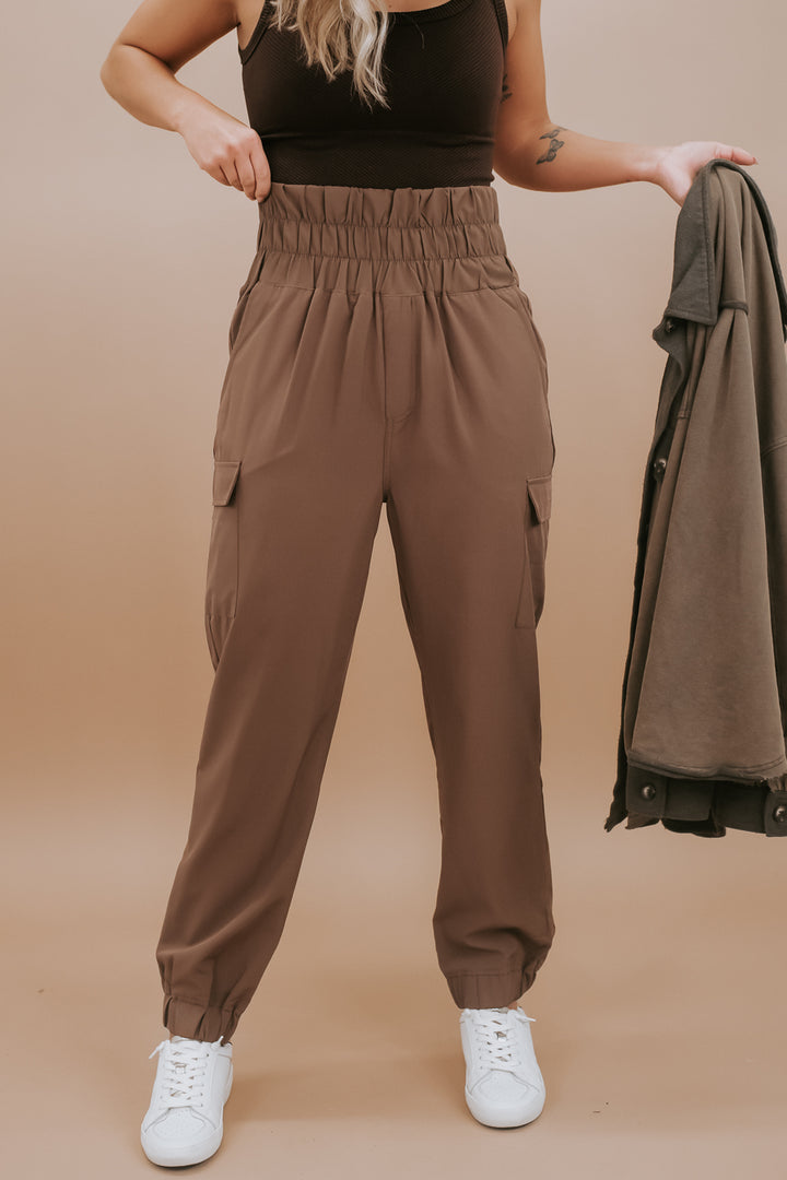 High Waisted Paperbag Joggers, Brown