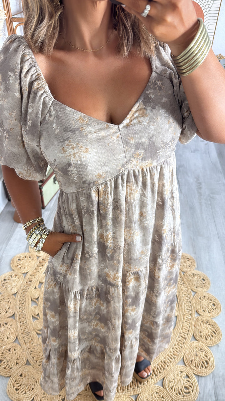 Granite Hues Whimsical Bubble Sleeve Maxi Dress, Taupe