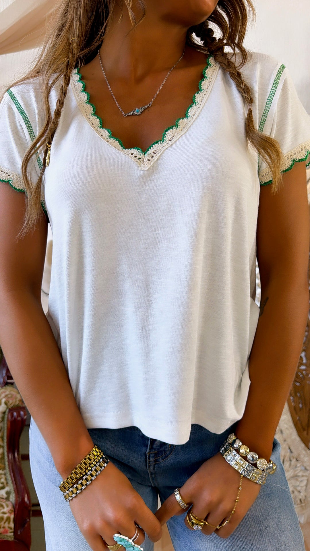 Fresh Market Basic Tee, Off White/Green
