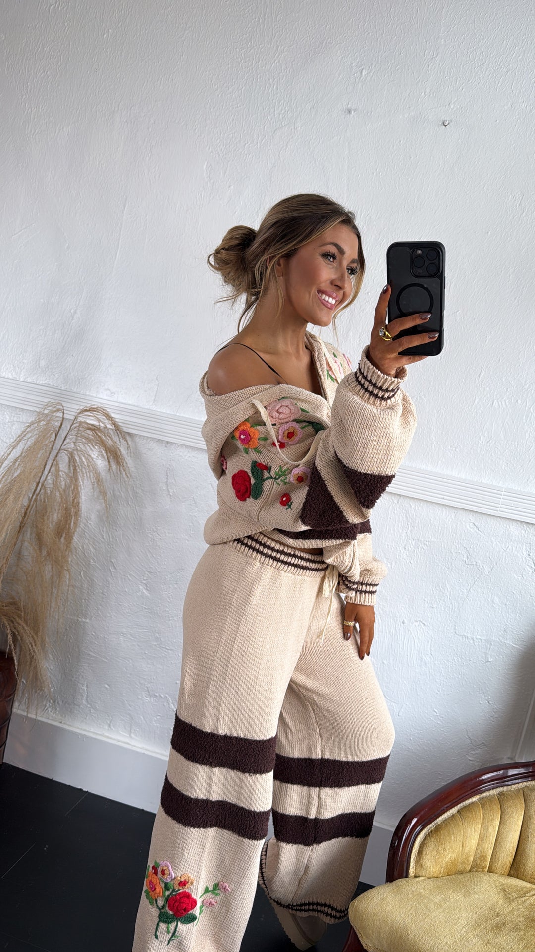 Striped Floral Detail Zip Up Sweater, Mocha Multi