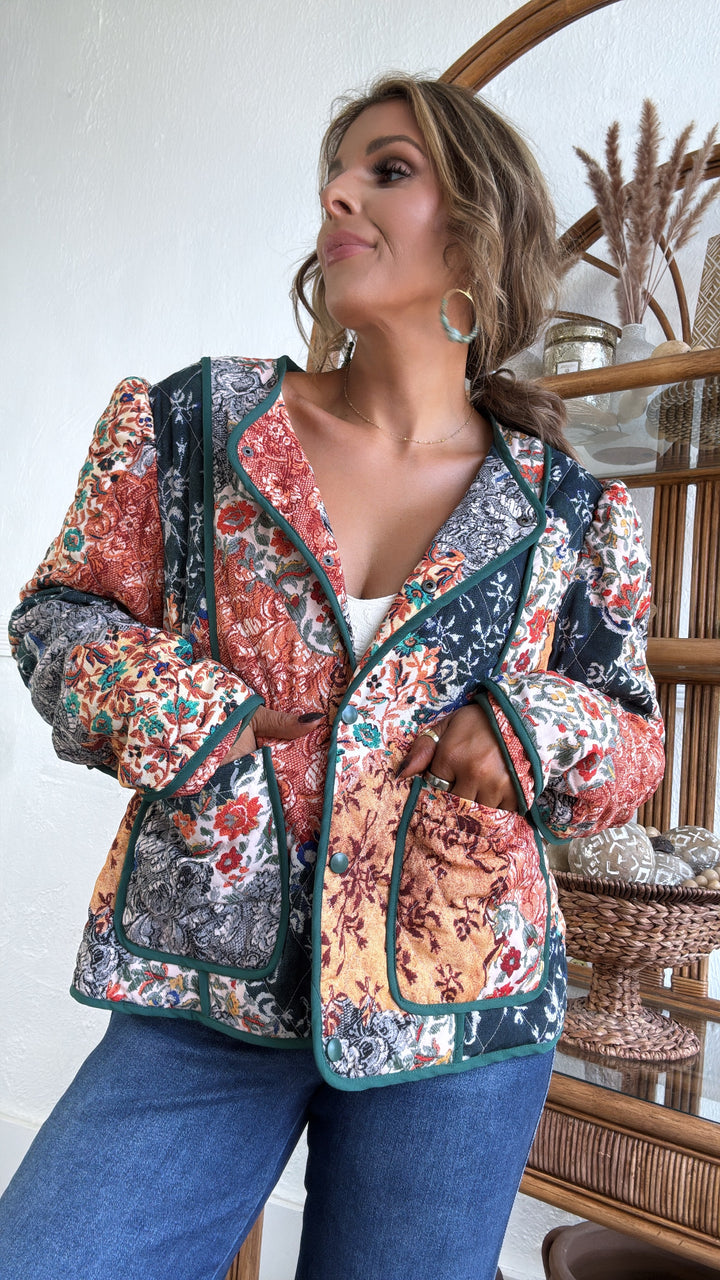 Dream in Patterns Quilted Patchwork Jacket, Navy