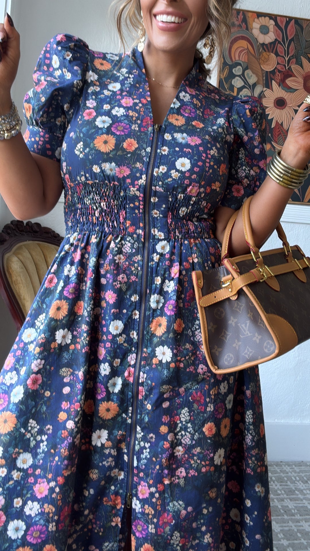 Pressed Petal Maxi Dress, Navy