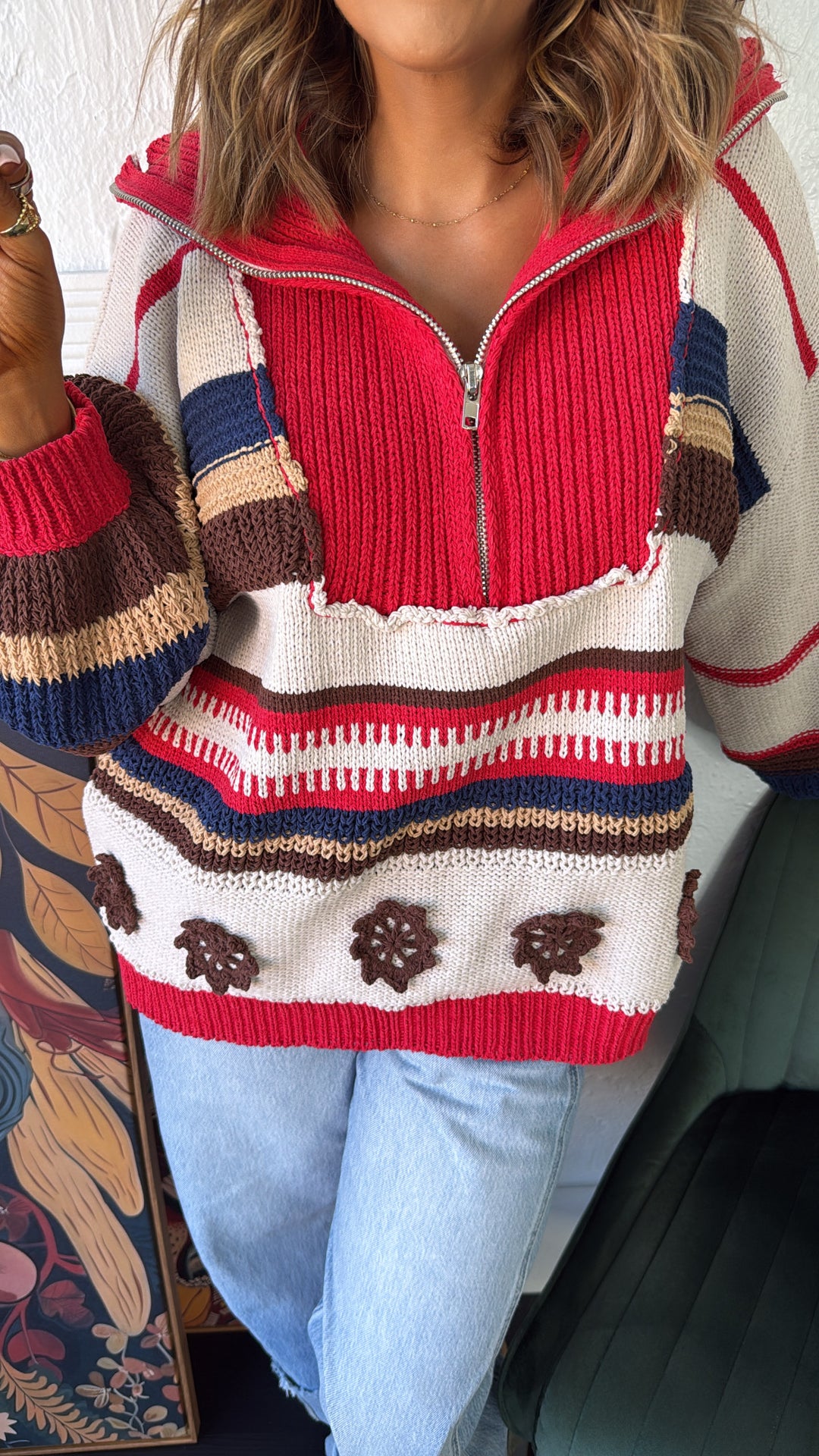 The Cabin Half Zip, Sand/Red Multi