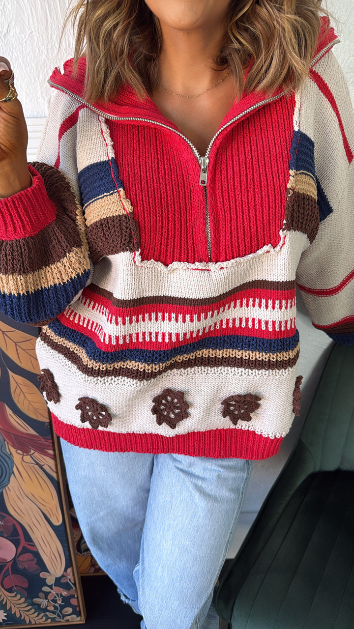The Cabin Half Zip, Sand/Red Multi