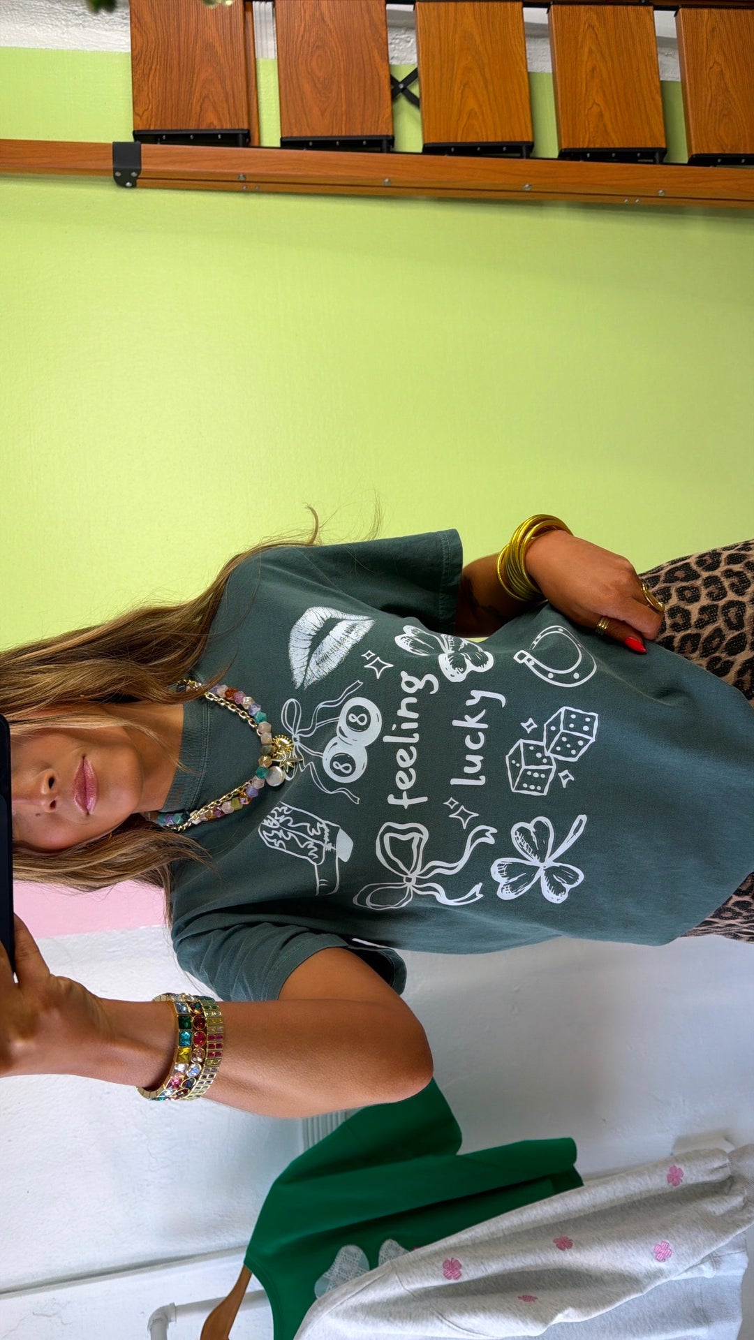 Feeling Lucky Patchwork Graphic Tee, Washed Green