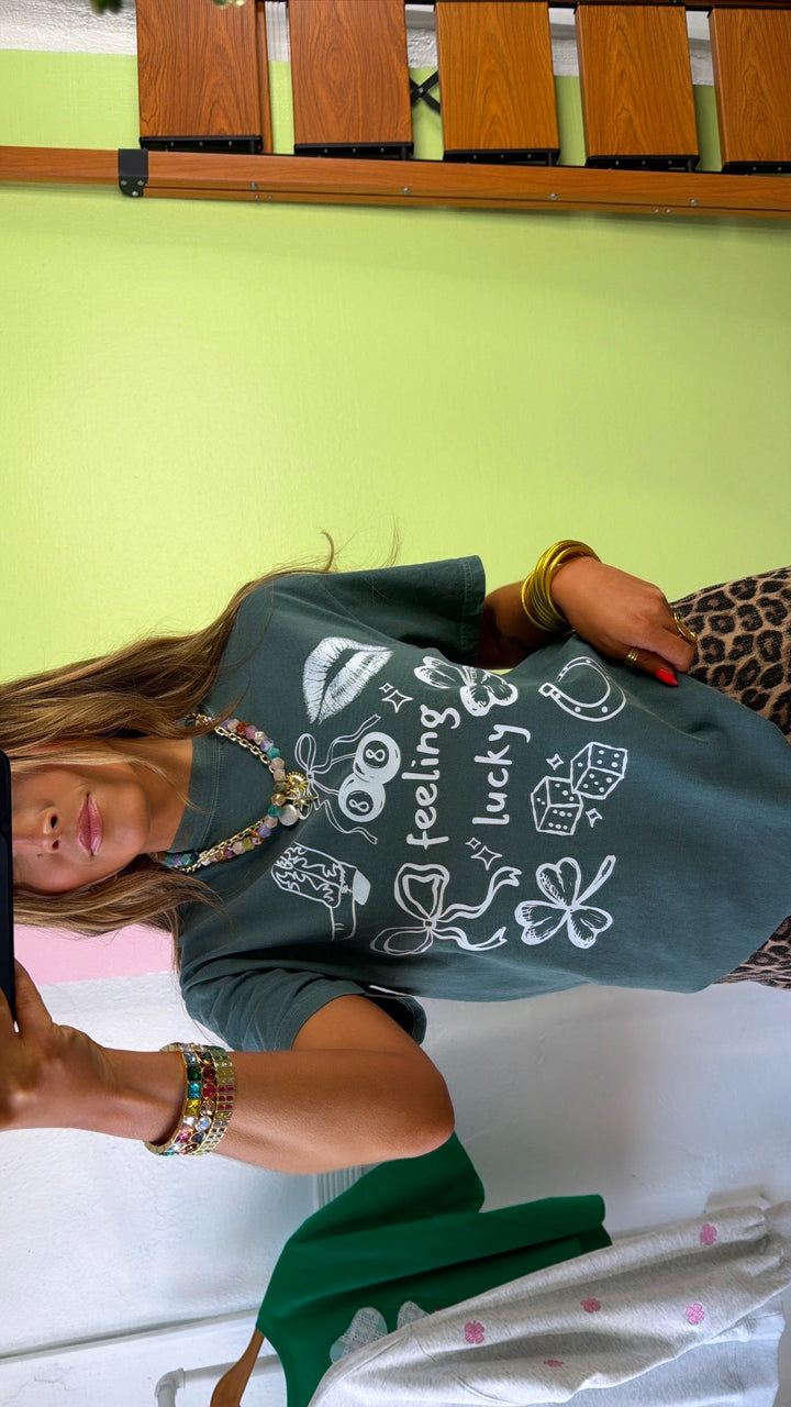 Feeling Lucky Patchwork Graphic Tee, Washed Green