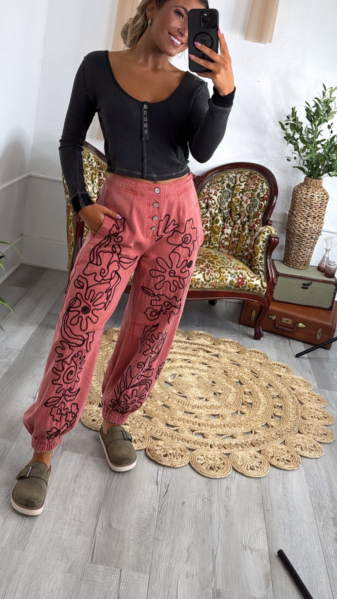 For The Love Of Floral Embroidered Denim Jogger, Dried Apple