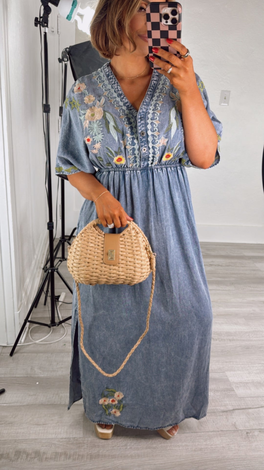 Chambray Stitch & Bloom Embroidered Maxi Dress, Denim Medium Chambray Stitch & Bloom Embroidered Maxi Dress, Denim Medium