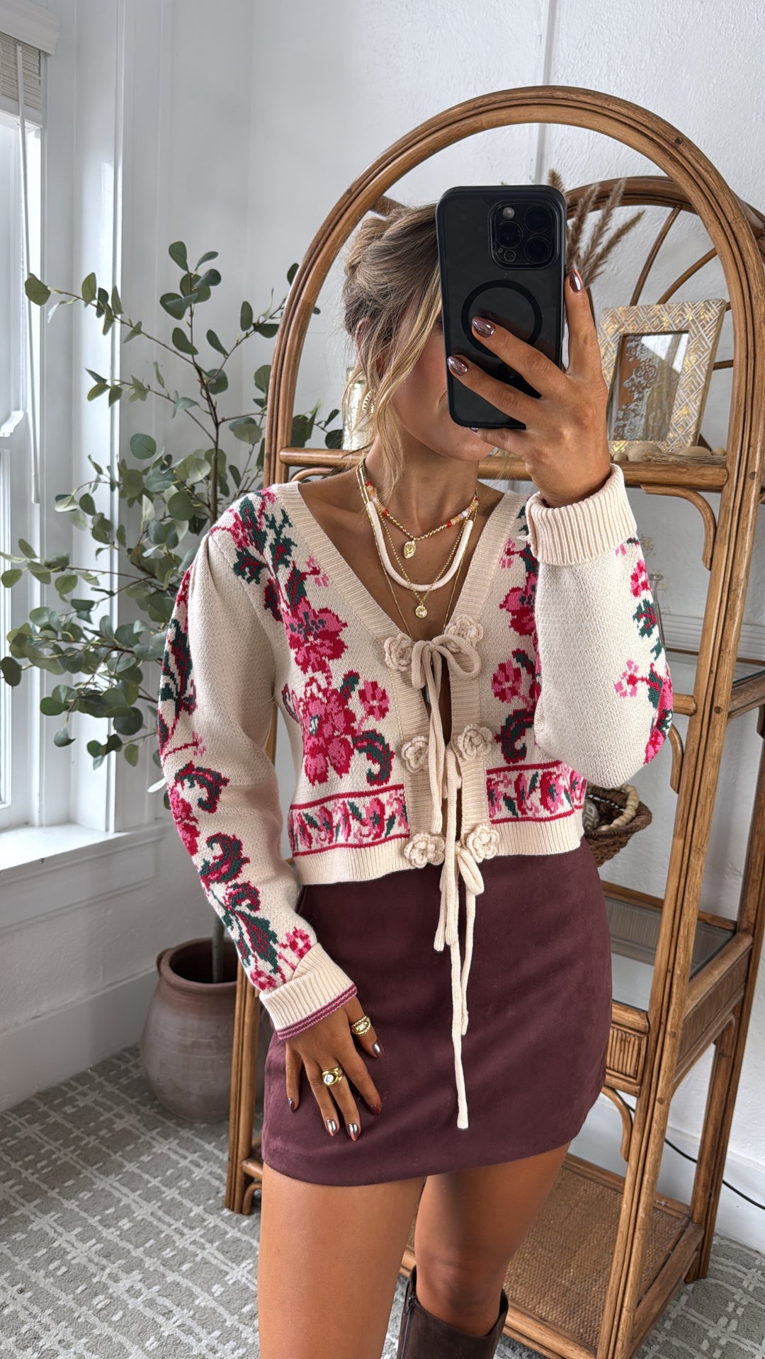 RoseAnn Knit Cardigan, Ivory/Red Floral