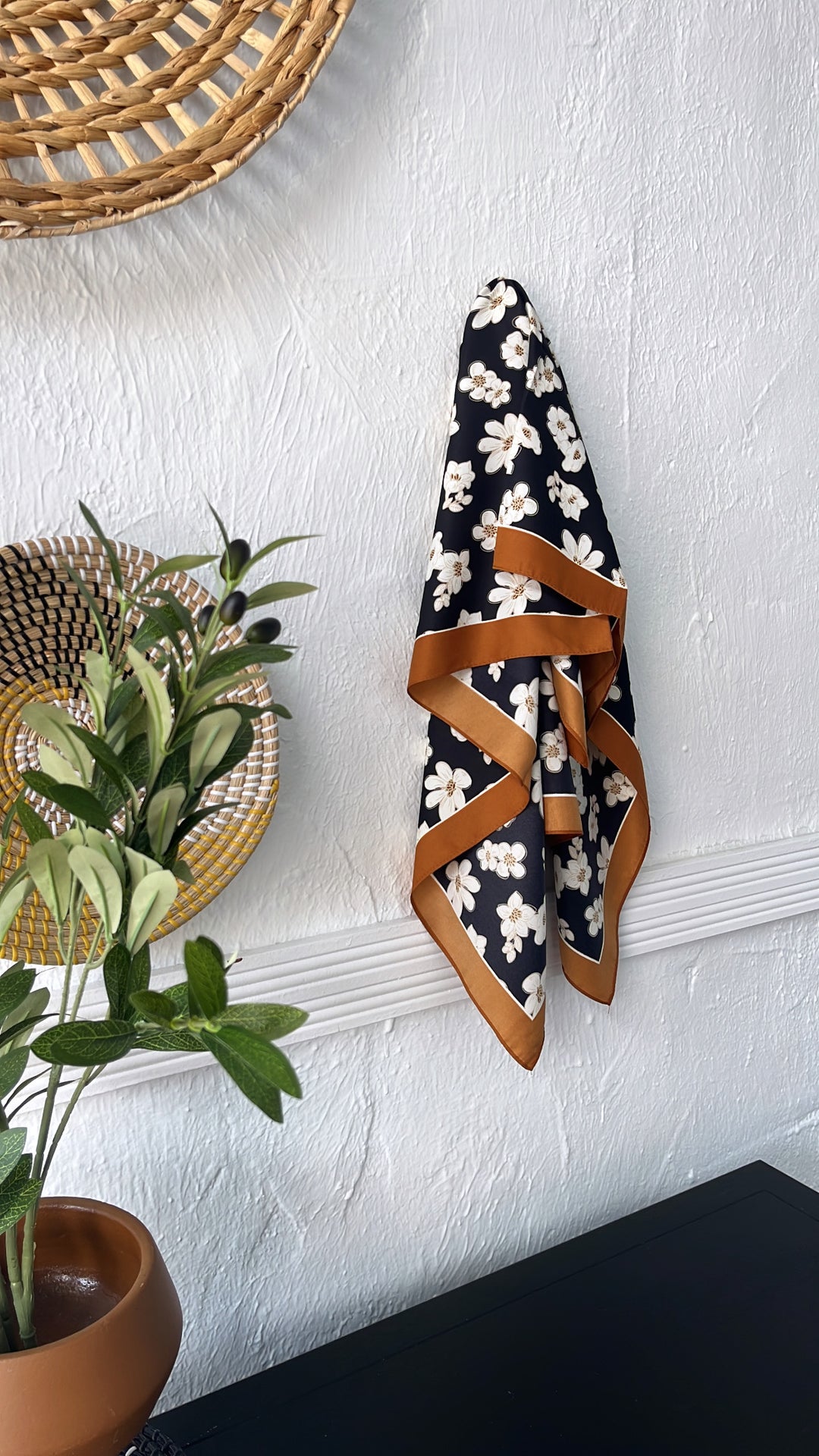 Silk Flower Power Twilly Scarf, Navy