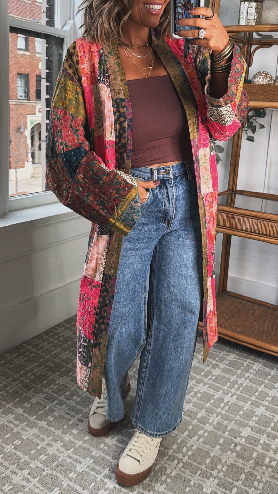 Laguna Mist Patchwork Duster Cardigan, Taupe/Pink/Multi